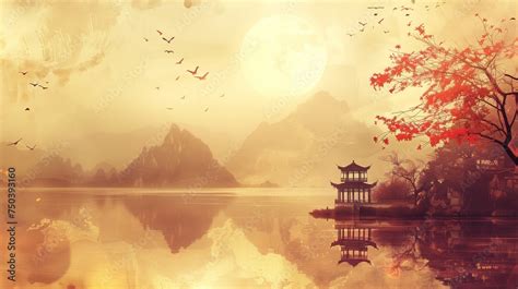 Oriental Landscape With Full Moon Digital Art Depicting A Serene Lake