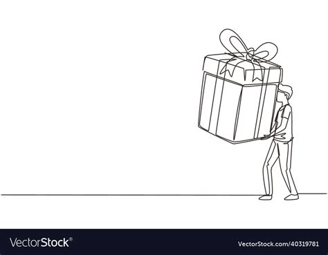 Single One Line Drawing Happy Man Carrying A Big Vector Image