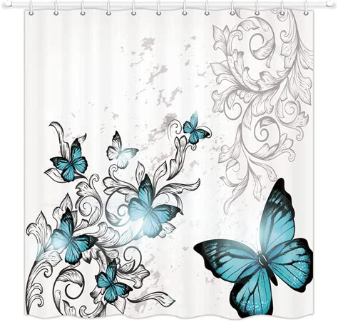 Sonernt Teal Butterfly Shower Curtain Butterflies With Floral Flower