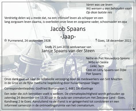 Jacob Jaap Spaans Overlijdensbericht En Condoleances