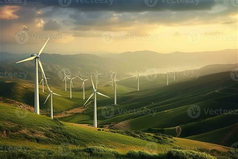 A Visually Striking Panoramic Image Of A Large Wind Farm Showcasing