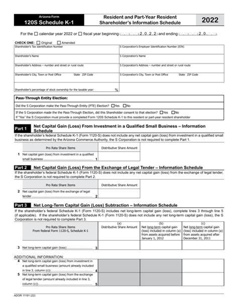 Arizona Form 120s Ador11191 Schedule K 1 2022 Fill Out Sign Online And Download Fillable