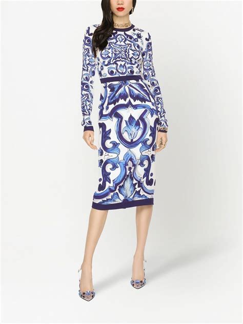 Dolce And Gabbana Majolica Print Pencil Midi Dress Blue Farfetch Uk