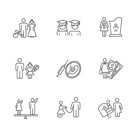 Gender Equality Linear Icons Set Forced Marriage Education Equality