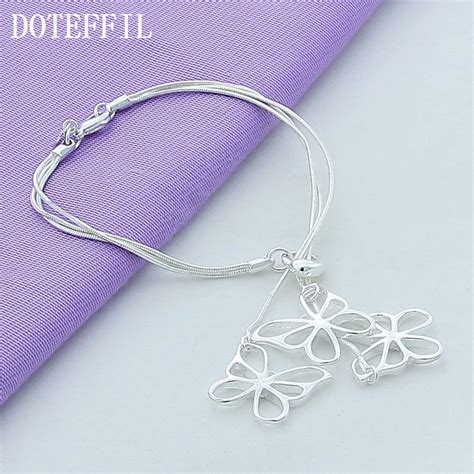 Doteffil Sterling Silver Three Butterfly Snake Chain Bracelet For