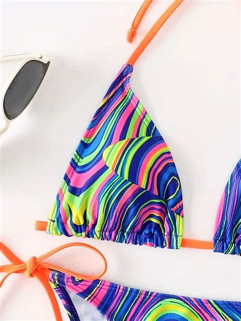 Swirl Print Triangle Halter Bikini Tie Side Backless Temu