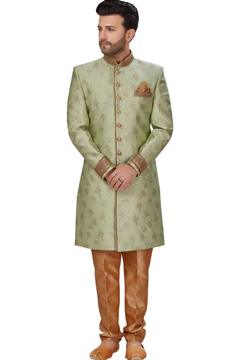 Buy Pista Green Banarasi Jaquard Sherwani For Men NMK 4973 Online