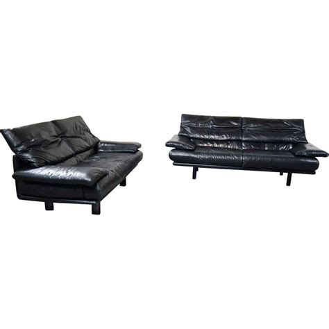 Pair Of Vintage 2 Seater Alanda Sofa In Black Leather By Paolo Piva