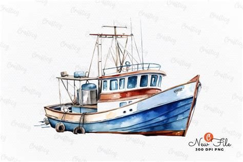 Retro Fishing Boat Watercolor Clipart Graphic By Crafticy Creative