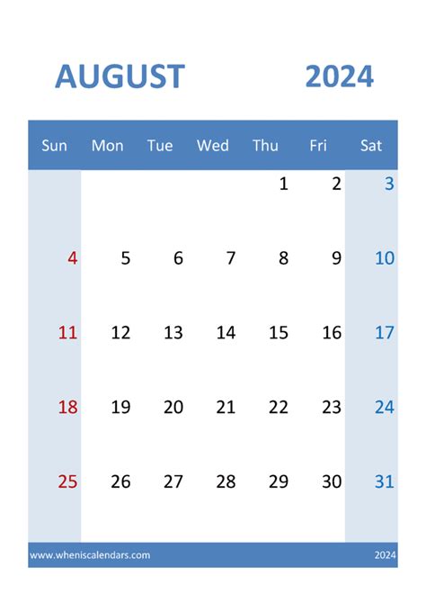 August 2024 Calendar Template Excel Monthly Calendar