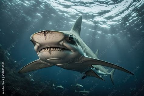 A hammerhead shark (family Sphingidae) in the warm seas of the ...