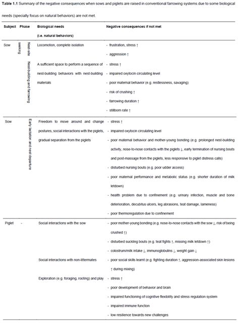 1 Summary Of The Negative Consequences When Sows And Piglets Are Raised