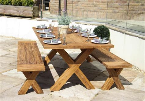 M Reclaimed Teak Cross Leg Outdoor Dining Table With Backless