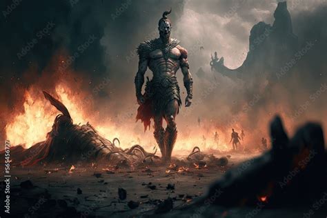 Statue Of Ares God Of War In Battlefield With Bodies And Smoke In