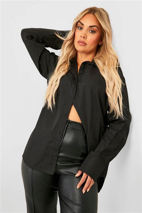 Womens Black Plus Oversized Cotton Poplin Shirt Boohoo Uk