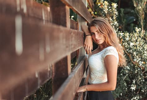 Women Blonde Blue Eyes White Tops Looking At Viewer Fence Wallpaper