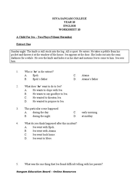 English Worksheet 10 3 | PDF