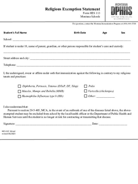 Fillable Online Dphhs Mt F Medical Exemption Statement Form Hes