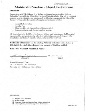 Fillable Online Fillable Online Anr State Vt Adopted Rule Cover Sheet1