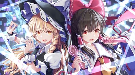 2girls Blonde Hair Bow Braids Brown Hair Dtvisu Hakurei Reimu Hat Instrument Japanese Clothes