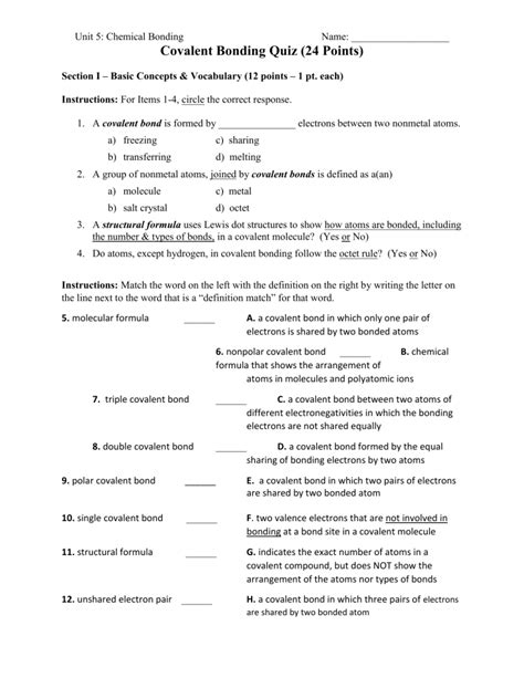 Covalent Bonding Quiz