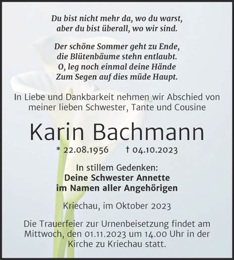 Traueranzeigen Von Karin Bachmann Abschied Nehmen De