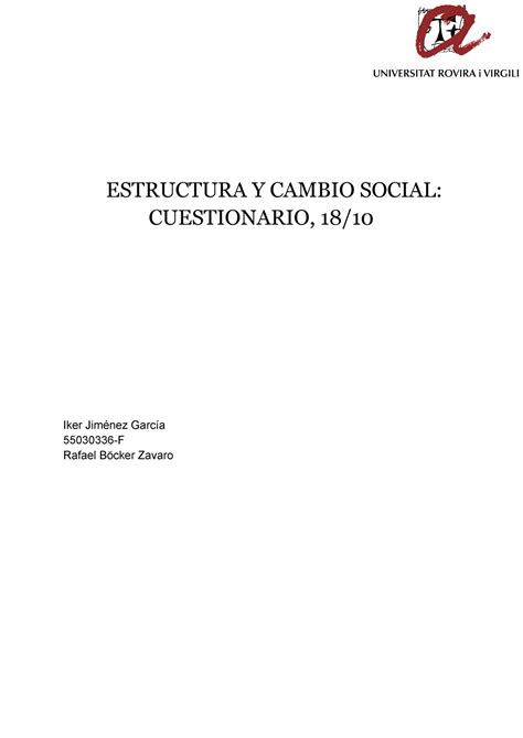 Cuestionario 3 Estructura Y Cambio Social Cuestionario 18 Iker