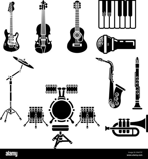 A vector icon set of musical instrument simple outline silhouettes ...