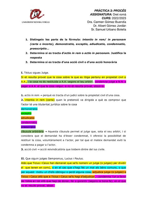 3 Pràctica Procés Formulari ASSIGNATURA Dret romà CURS 2022 Dra