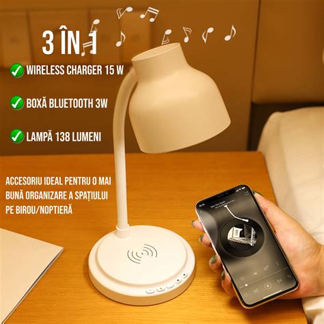 Настолна лампа с безжично зарядно за телефон, с 3W bluetooth ...