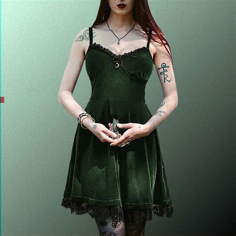 Green Goblincore Aesthetic Velvet Lace Dress | Goth Aesthetic Shop