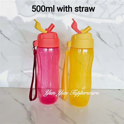 Limitedtupperware Slim Eco Bottle With Straw Ml L Oren Red