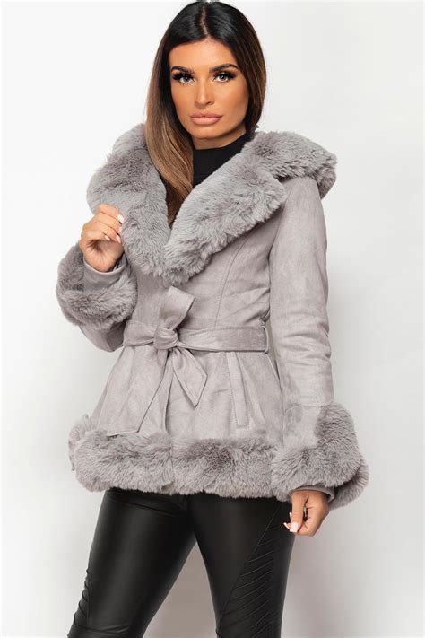 Womens Grey Faux Fur Faux Suede Hooded Belted Coat Uk