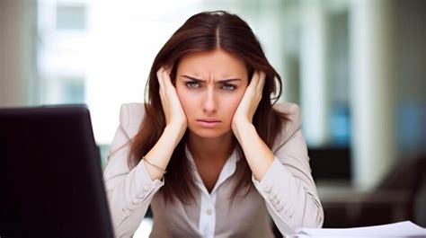 Premium Ai Image A Woman Sits At A Desk With A Laptop Stressed Woman