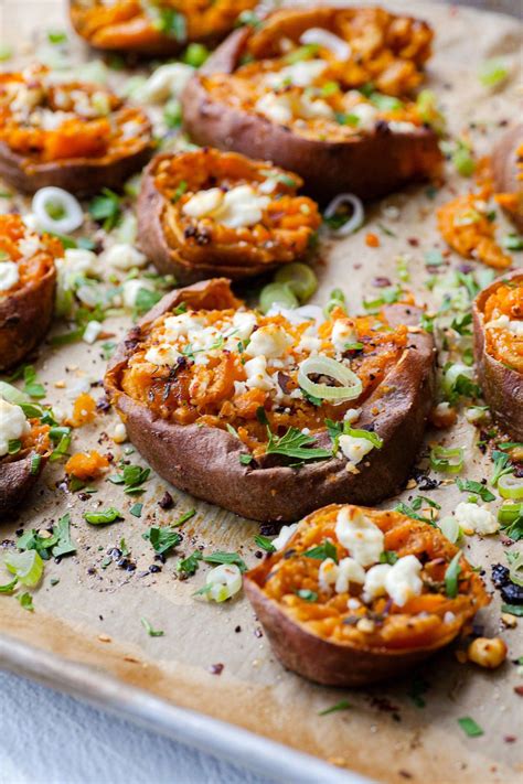 Smashed Garlic Butter Sweet Potatoes With Feta Recipe Veggie Dishes