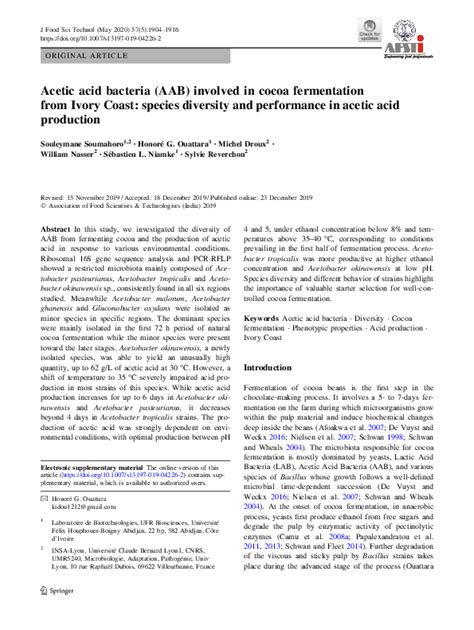 Pdf Acetic Acid Bacteria Aab Involved In Cocoa Fermentation From Ivory Coast Species