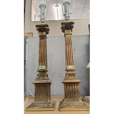 A Large Pair Of Square Fluted Brass Corinthian Column Table Lamps