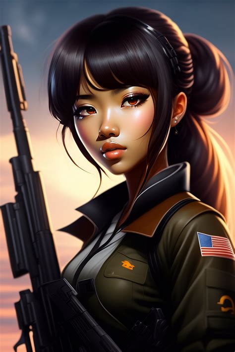 Lexica Anime Girl Dark Skin Brown Hair Yeux Vairons Holding A Rifle