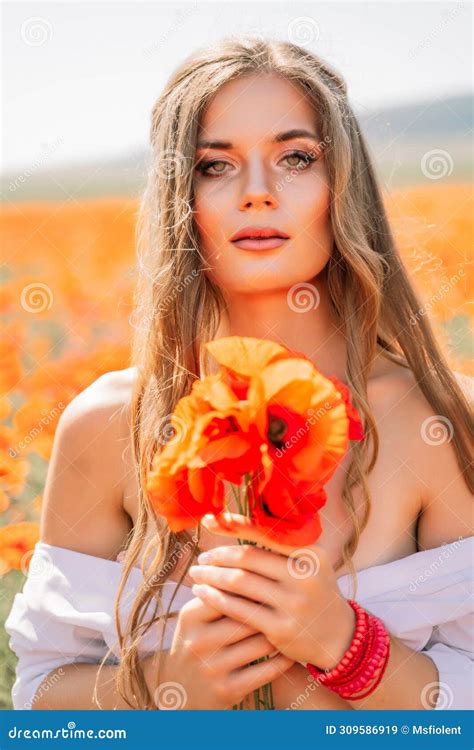 Woman Poppies Field Side View Of A Happy Woman With Long Hair In A