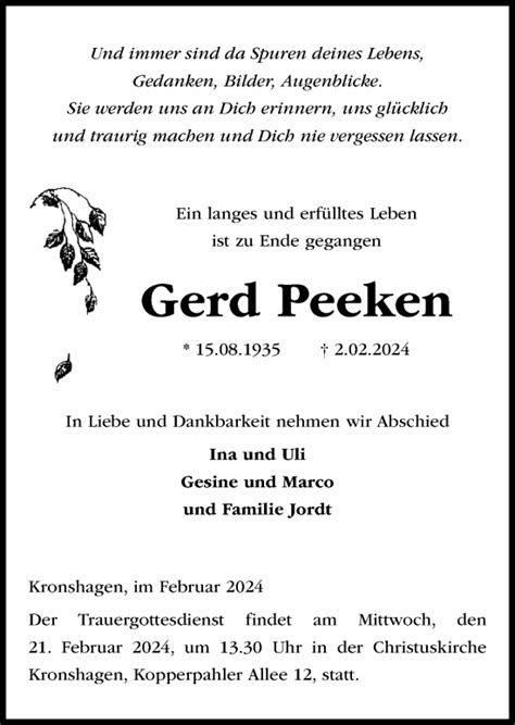 Traueranzeigen Von Gerd Peeken Trauer Anzeigen De