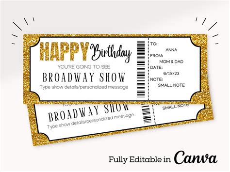 Gold Birthday Broadway Show Ticket Broadway Ticket Gift Musical Ticket