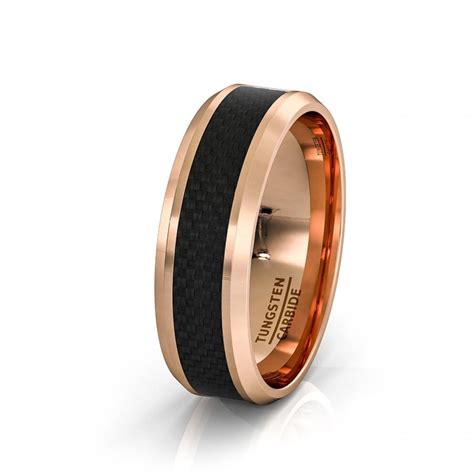 Mens Wedding Band Mm Rose Gold Tungsten Ring Polished Black Carbon