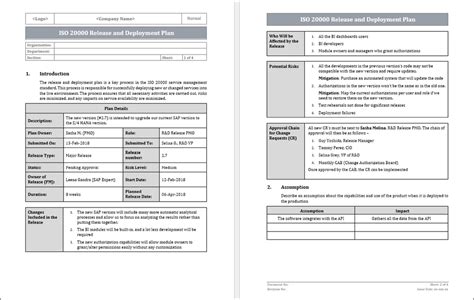 Iso 20000 Release And Deployment Plan Template Iso Templates And