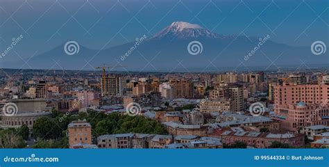 City Skyline of Yerevan at Sunrise, with Mt Ararat in Background Stock ...