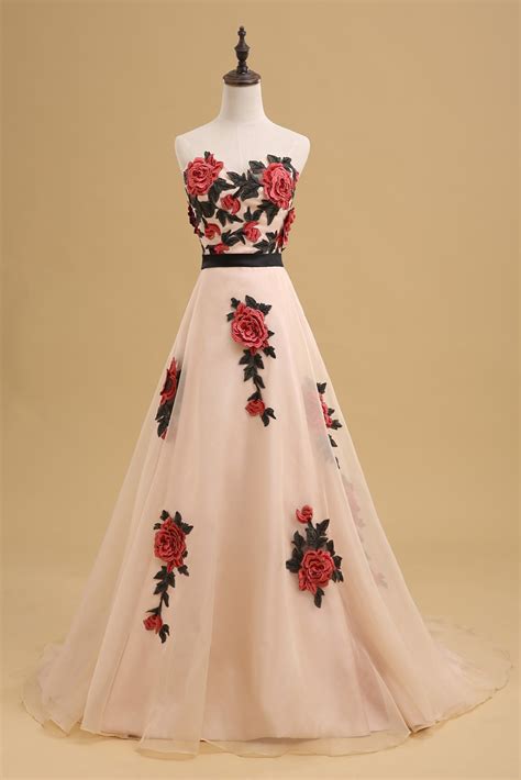 Rose Embroidered Floor Length Chiffon A Line Prom Dress Featuring