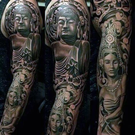 Spectacular Black Buddha Tattoo For Men On Full Arms Buddha Tattoos