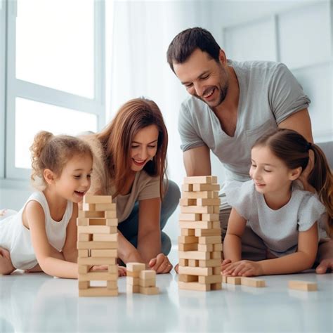 Familia De Cuatro Personas Jugando A Jenga Foto Premium