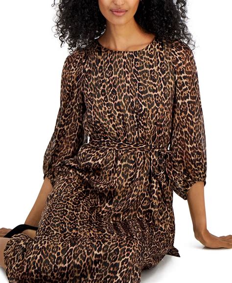 Anne Klein Womens Animal Print Puff Sleeve Tie Waist Midi Dress Macys