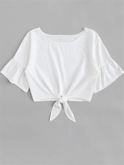 Fluted Sleeve Knot Front Solid Top Shein Girls Fashion Clothes