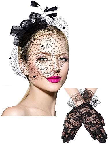 Bowknot Fascinator Hat Tea Party Hat Feathers Veil Mesh Headband And Short Lace Gloves Floral